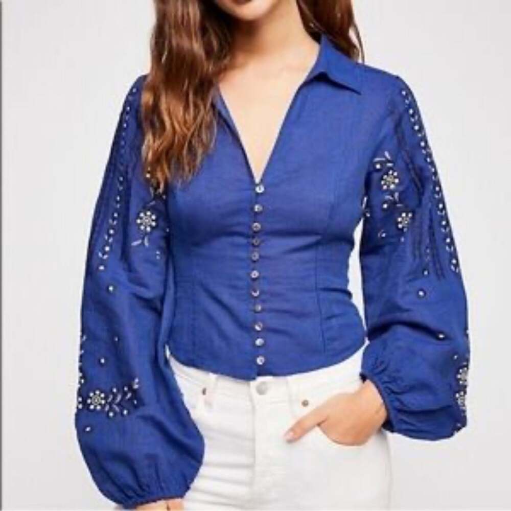 Free People Amelia Printed Blouse Blue Cropped Size XS